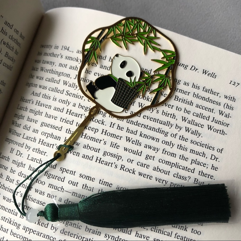 Panda with Bamboo Bookmark ~ 24K Gold Plated ~ Green Fringe Tassel ~ Brand New!